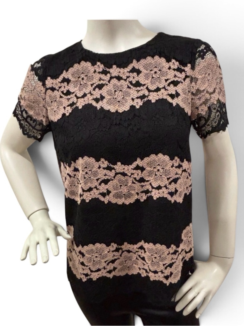 FRNCH Black and Pink Lace Lined Women's Short Sleeve Top, medium